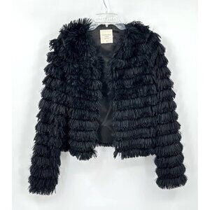 FANTASTIC FAWN jacket cropped fringe faux fur vintage inspired tassel black S